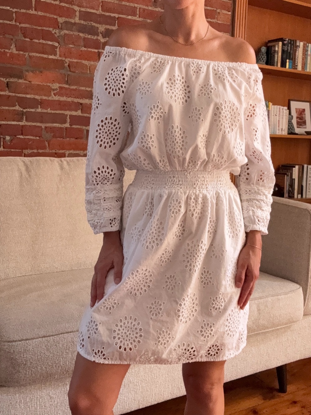 Michael Stars Los Angeles White Eyelet Dress with 3/4 Sleeves Small